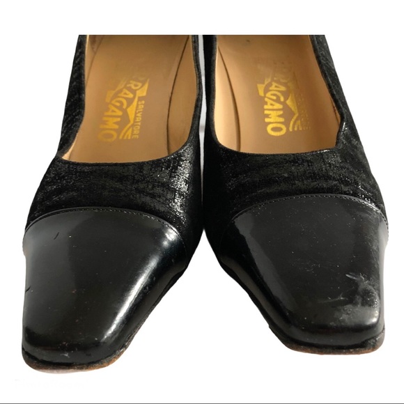 SALVATORE FERRAGAMO Suede Patent Cap Toe Pumps Size 7.5 - Picture 5 of 9